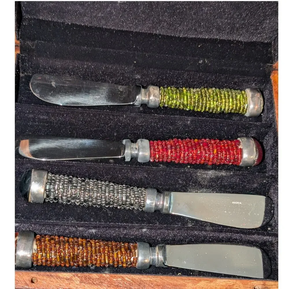 Vintage Pottery Barn Set of Four Multi-Color Beaded Cheese Spreaders in Wood Box